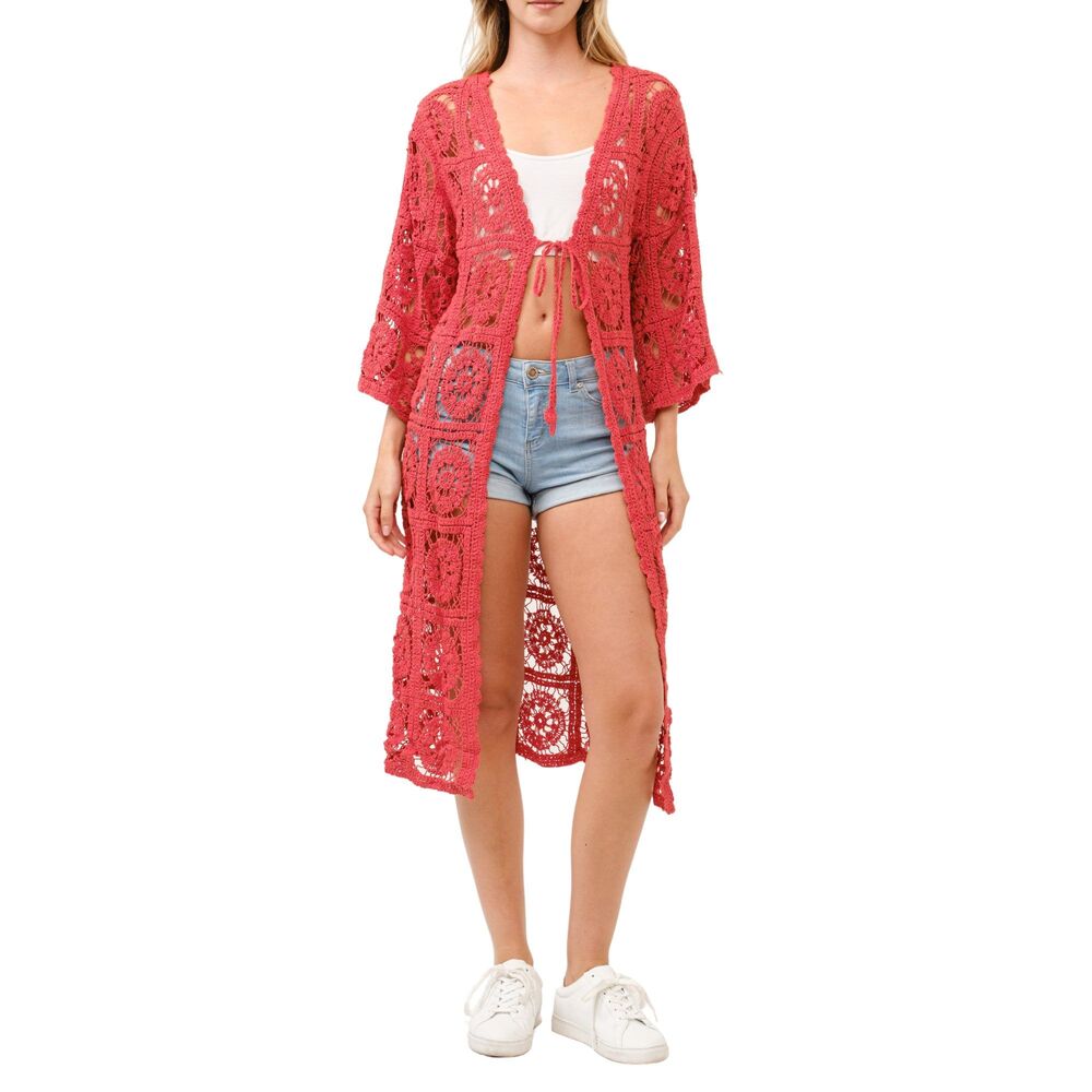 Red Crochet Kimono Long Swimwear Coverup Beach Layers Jeans Swimsuit One Size